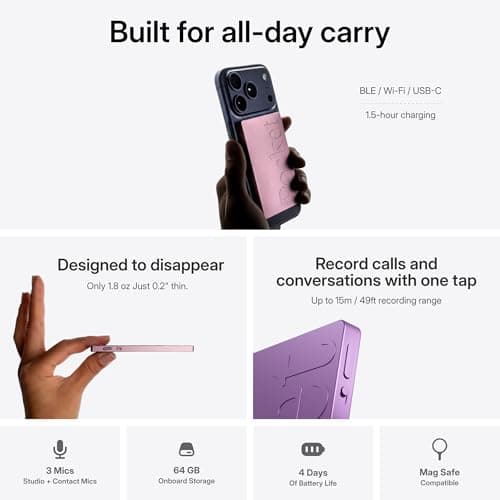 Pocket AI Voice Recorder, Auto Transcription, AI Note Taker, Baby Pink — view 4