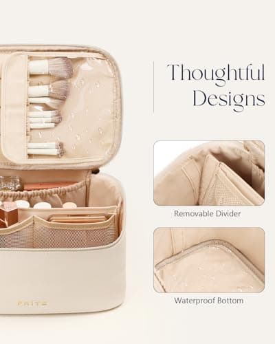 Prite Makeup Bag Toiletry Case for Women with Brush Holder, Beige, Standard — view 5
