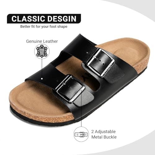 FITORY Mens Leather Sandals, Cork Footbed Slides for Summer Black Size 8.5 — view 3