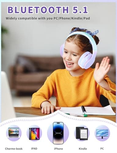Kids Headphones, Wireless Kids Headphones Over Ear with Microphones, Stereo Sound, 10H Playtime, Foldable&Adjustable Children Headphones, Bluetooth 5.1 Headset for Adults, School, Travel (Purple) — view 6