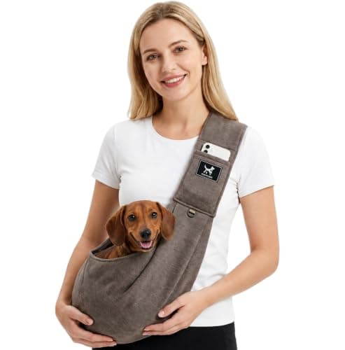 PAWPUBBY Dog Sling Carrier, Wide Padded Shoulder Strap for Extra Comfort, Hands-Free Adjustable Pet Carrier Sling for Small Dogs, Puppies & Cats, Breathable Lightweight for Travel Walking (Caramel, M)