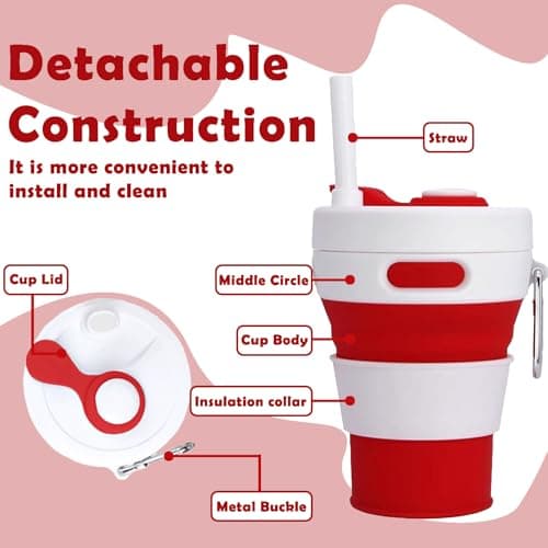 MORAINJAY Collapsible Coffee Cup with Lids,15oz/450ml Red Silicone Portable Reusable Coffee Mug,Foldable Camping Travel Cup Fits in Your Pocket(Collapses to 6cm) — view 3