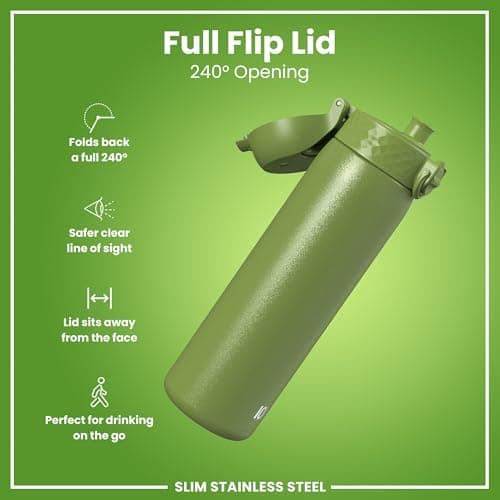 Ion8 Lightweight Steel Water Bottle, 600 ml/20 oz, Non-Insulated, Leak Proof, Easy to Open, Secure Lock, Dishwasher Safe, Flip Cover, Fits Cup Holders, Carry Handle, Metal Water Bottle, Khaki Green — view 4