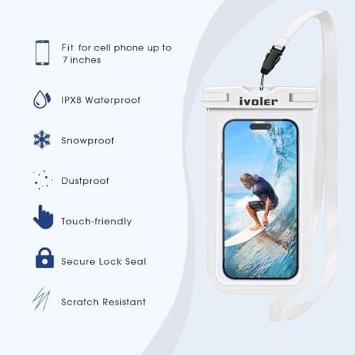 ivoler Waterproof Pouch Bag + Phone Case, Waterproof Case Dry Bag for Beach,Swim,Boating,Kayaking,Hiking,Protect Phone, Camera, Cash, Mp3, Passport, Document from Water, Sand, Snow, Dust - White — view 3