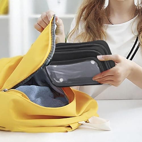Pencil Case with 3 Compartments, Large Capacity School Pencil Case Stationery Organizer Pouch Waterproof Clear Makeup Bag Aesthetic Pen Bag for Girls Boys Teens Travel Office Supplies (Black) — view 4