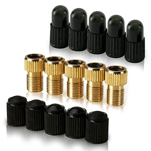 Presta Valve Adapter 5 Pack + 10 Caps - Presta to Schrader Bike Converter