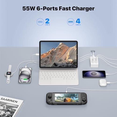 USB C Charger, 55W 6-Port USB C Charger Holder Multi-USB Charging Station Desktop Multi-Port USB Charger 2 USB C 4 USB A Compatible with iPhone/Google/Xiaomi/Oppo/Tablet etc. — view 3