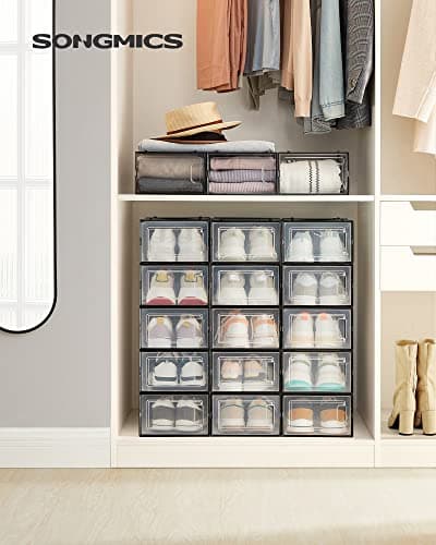 SONGMICS Shoe Boxes, Pack of 18 Stackable Shoe Storage Organisers, Foldable and Versatile for Sneakers, Fit up to UK Size 8, Black LSP18SBKV1 — view 2