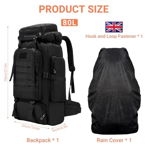 Vnvnvnv 80L Waterproof Hiking Backpack Camping Backpack, Black — view 2