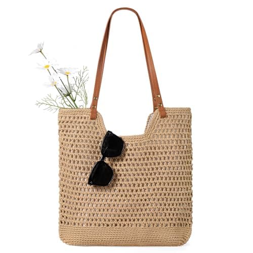 Sightor Crochet Beach Bag, Woven Tote Bag Summer Boho Bag Travel Casual Shoulder Bag for Summer Vacation (Brown)