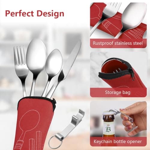 Vicloon 2 Set Travel Cutlery Set, Stainless Steel Flatware Camping Utensil with Neoprene Bag, Cutlery Set with Portable Pouch Case for for Outdoor Travel Picnic Office School Lunch Box (Black & Red) — view 3