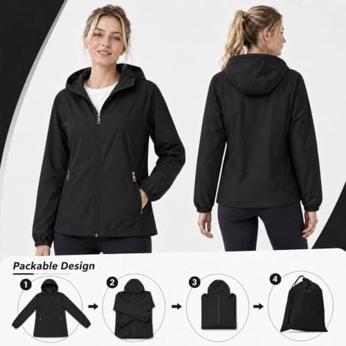 GDOKKNY Women Waterproof Rain Jacket, Lightweight Packable Hooded Raincoat with Storage Pouch, Windproof Rain Coat for Cycling Hiking Commuting Travel — view 5