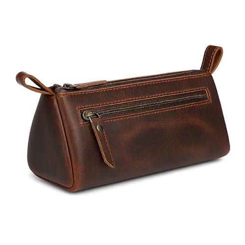 TheAntiq Leather Toiletry Bag Travel Dopp Kit for Men & Women Leather Makeup Organiser with Zipper Compartments Compact Travel Pouch Brown 8x3.5x3.5 Inch