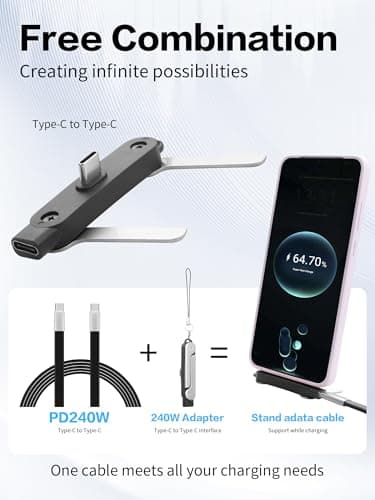 YACSEJAO 4.9FT Detachable 2-in-1 USB C Invisible Stand Charging Cable 240W 90 Degree USB C to USB C Flat Silicone Charger Cable Built-in Phone Stand for Gaming,Office,Car,Travel (Black) — view 2