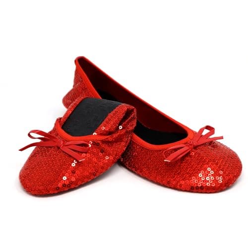 Silky Toes Women's Foldable Sequin Shoes Dressy Ballet Flats Roll Up Slipper Shoe with Matching Carrying Pouch, Red, Large — view 3