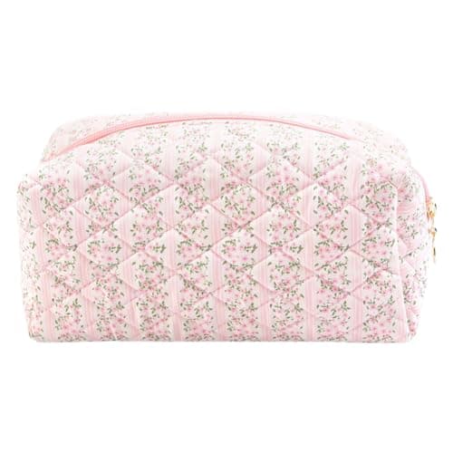 Square Floral Cosmetic Bag for Women, Quilted Large Capacity Makeup Pouch with Zipper Closure - Aesthetic Cotton Travel Toiletry Organizer (Pink)