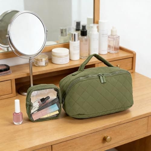 Travel Makeup Bag for Woman,Lay-Flat Puffer Cosmetic Organizer Pouch,Large Capacity Make Up Case Open Flat Toiletry Bags,Cosmetic Bags,Quilted Makeup Bags with Brush Compartment & Handle (Green) — view 2