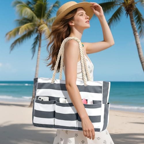 oscaurt Extra Large Beach Tote Bag with Zip and Rope Waterproof Handbags for Women 7 Pockets Shoulder Gym Bag Summer Holiday Essentials Gifts for Women Picnics Short Trips Study Saunas — view 2
