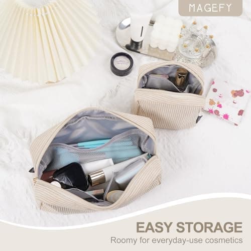 Makeup Bag, MAGEFY 2 Pcs Small Makeup Bag for Handbag Corduroy Pouch with Compartments Travel Makeup Cosmetic Bag for Women (Beige) — view 3