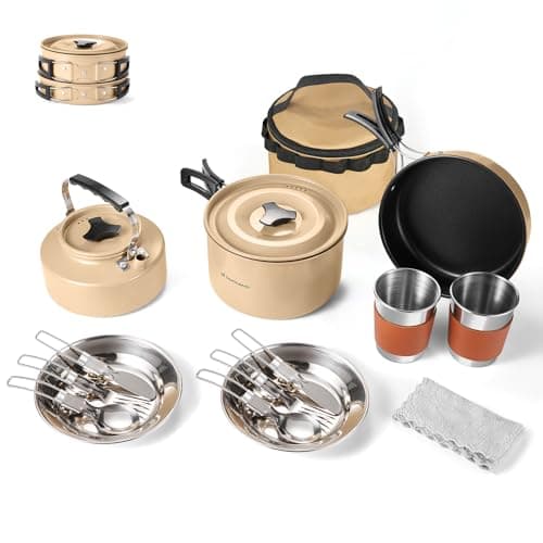 Odoland Camping Cookware Set Non-Stick Pot and Pan Set with Kettle, Stainless Steel Utensils Mess Kit, Cups Plates Knives Spoons Forks for Outdoor Cooking — view 2