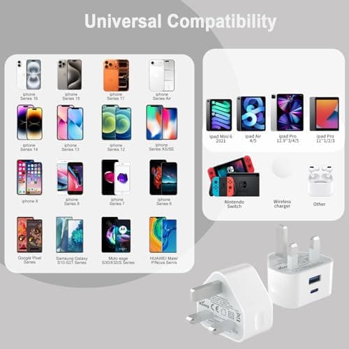 USB C Plug Fast Charge,20W USB A and C Charger Plugs Adapter UK for iPhone 17 Pro Max Air 16e 16 Plus Pro Max 15 14 13 12 11 SE Watch iPad Pro Mini Air 9 10 11th A16,Dual Port Type USBC Charging Head — view 5