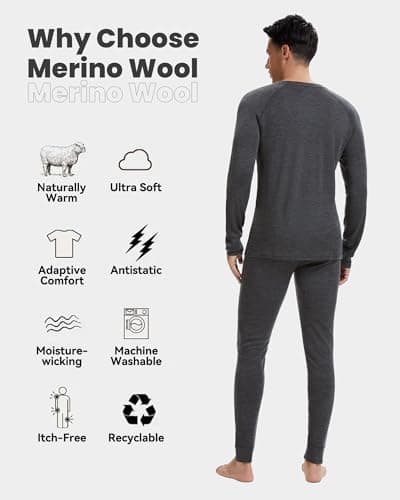 Men's 100% Merino Wool Base Layer Set Lightweight Heather Grey L — view 2