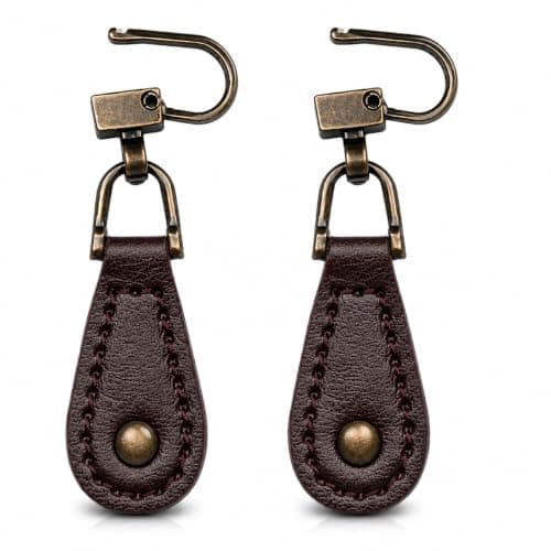 ROKEL Zipper Puller Replacement – 2 Pack Brown Leather Zip Pull Repair, Durable Zip Tags for Backpacks, Jackets, Luggage, Suitcases & Bags – Easy Fix Broken Zip Extension (Brown Tear Drop, 2 Pack)