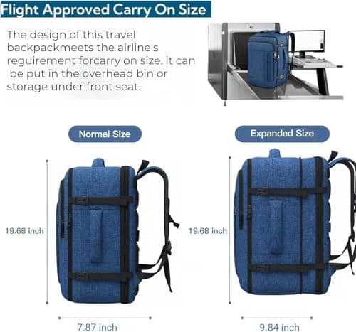Carry On Backpack, Extra Large 50L Travel Backpack for Men & Women, Expandable Backpack For Airplanes, 17 Inch Laptop Backpack, Luggage Suitcase 40L Daypack Lightweight Business Weekender Bag, Blue — view 4