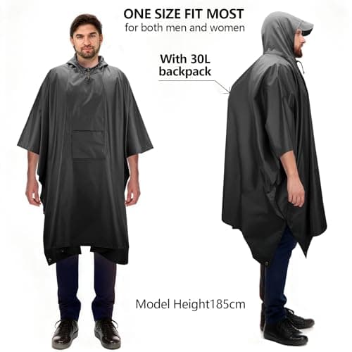 Houbobo Hooded Rain Poncho for Adults with Pocket, Waterproof Lightweight Raincoat Jacket for Men Women, Perfect for Outdoor Hiking Camping Emergency (Black) — view 2