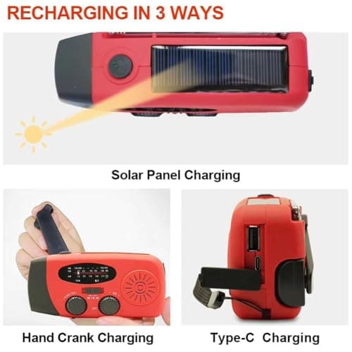 Portable Emergency Radio, Wind Up Solar Hand Crank Powered Weather Radio with AM/FM Tuner 2000mAh USB Phone Charger SOS Alarm LED Flashlight for Household Outdoor Camping Hiking (red) — view 5