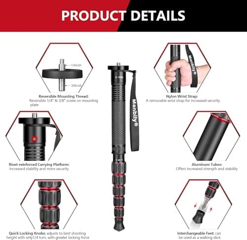 Manbily Monopods for Cameras with Handle Camera Monopod Walking Stick 61inches Portable Compact Travel Monopod Aluminum Alloy Stick Selfie Stick 6 Sections 15.4lbs for DSLR Video Camcorder Stand (Red) — view 3