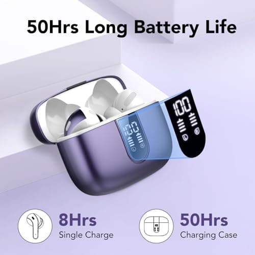 Ear Buds Wireless Earbuds, 50Hrs Playtime Bluetooth Earphones, Bluetooth Headphones 5.3, Bass Boost 85%, In Ear with 4 ENC Call Noise Cancelling Mics, Mini Earbuds IPX7 Waterproof, USB-C(Dark Purple) — view 2