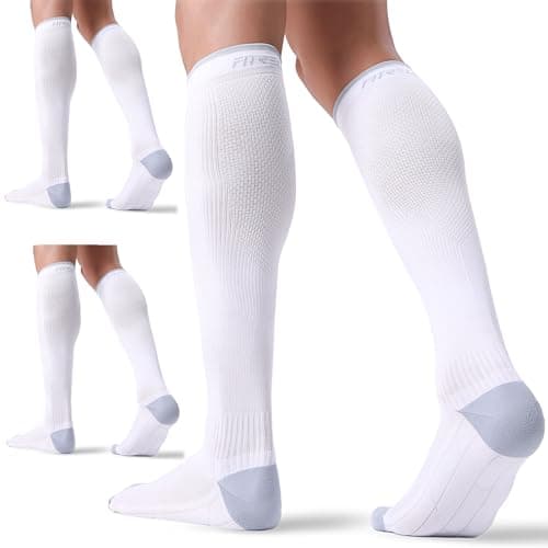 FITRELL 3 Pairs Compression Socks for Women and Men 20-30 mmHg Travel Flight Socks Medical Knee High Socks for Sport, Flying, Carers, Nurse, Pregnant Women, Varicose Veins, White, S/M