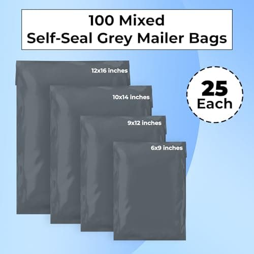 Double Dragon 100-Pack 4 Size (4x9/9x12/10x14/12x16 inches, 25 Each) Self-Seal Grey Poly Mailer Bags | Strong, Waterproof, Tamper-Proof Polythene Packaging for Clothes, Parcels (Also for Storage) — view 2
