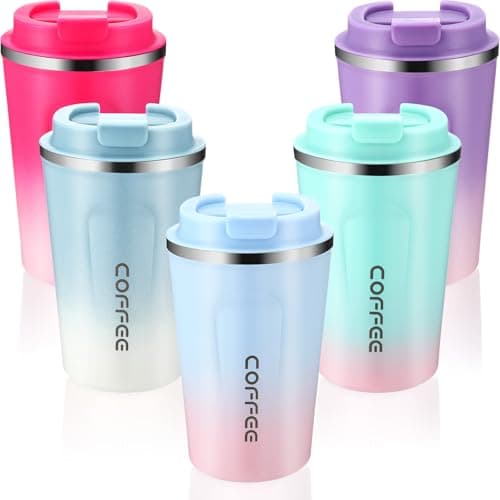 Honeydak 5 Pack Travel Coffee Mugs 12oz Insulated Coffee Cup with Lid Stainless Steel Vacuum Gradient Colorful Tumbler Reusable Leakproof Travel Cups for Hot & Cold Drinks