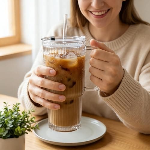 1ZIZIFA8 750ml Glass Tumbler with Lid & Straw, 2 Pack - Ribbed Design with Handle, Large Leakproof Iced Coffee Cup for Smoothies, Matcha, Latte, Bubble Tea & Cold Drinks - Dishwasher Safe — view 5