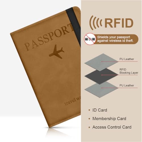 AOOSU Passport Holder Cover, PU Leather Passport Cover with RFID Blocking Travel Wallet, Portable Universal Travel Wallet Case Organiser for Money, Boarding Passes, Credit Cards Yellow-Brown — view 5