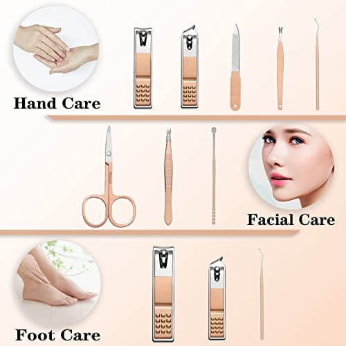 Nail Clippers Manicure Set - 9 In 1 Professional Stainless Steel Nail Scissors Grooming Kit For Women & Man Nail Care Tools Pedicure Kit With Pink PU Leather Zip Case For Travel & Home（ROSE GOLD） — view 3