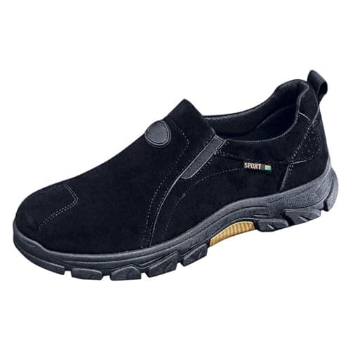 Walking Shoes Wide Fit Trainers for Men Slip-On Waterproof Walking Shoe Outdoor Suede Upper Hiking Trainers Fashion Low-Top Sneaker with Orthopedic Arch Support for Fitness Jogging Black