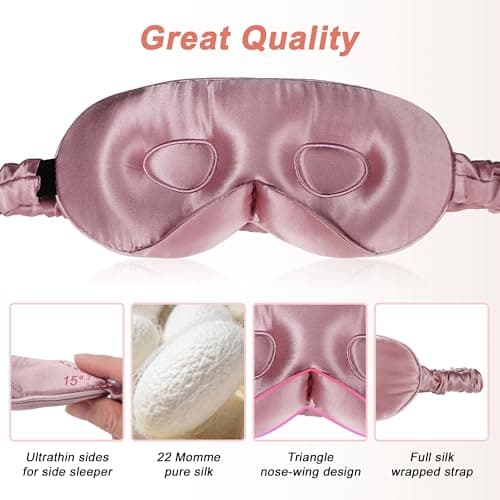 VOCOSTE 22 Momme Pure Silk Sleep Mask with Travel Pouch, 3D Contour Adjustable Blindfold for Side Sleepers, Eye Mask Locks Light for Sleeping, Bean Pink — view 6