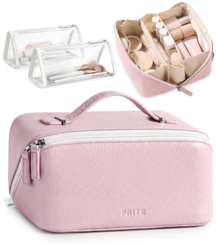 Prite 3 Pcs Travel Makeup Bag Set for Women with 2 Clear TPU Pouches, Pink