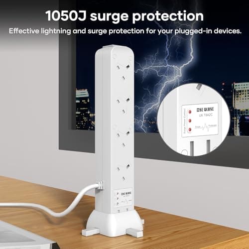 Tower Extension Lead 2m, 8 Way Socket Surge Protector with USC Ports Power Strip Multi Plug 3120W Safety Shutter for TV PC Laptops Tablets — view 2