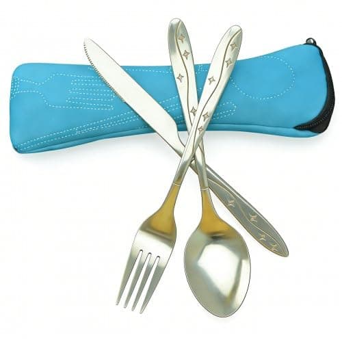 3-Piece Camping Cutlery Set with Portable Pouch - Stainless Steel Travel Knife Fork Spoon Set with Neoprene Case for Outdoor Picnic, Hiking, Office Lunch, School - Sky Blue