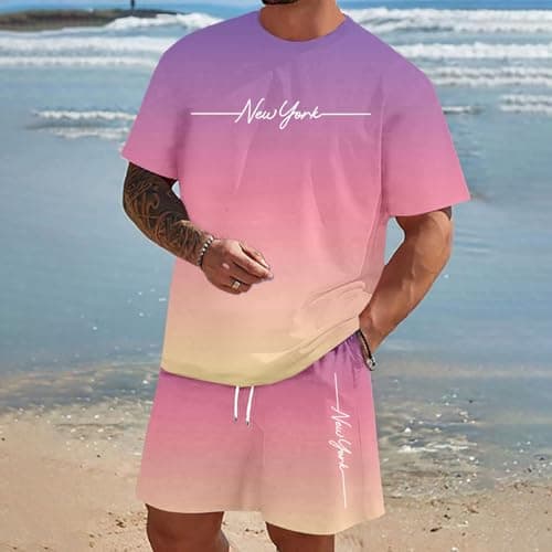 Mens Outfits Suit Set Summer Travel Vacation Tracksuit Short Sleeve Casual Sports Hoodie Shorts Set 2 Piece Loungewear Sets Sportswear for Gym Running Exercise Fitness Jogging (#001 Light Purple,6XL) — view 2