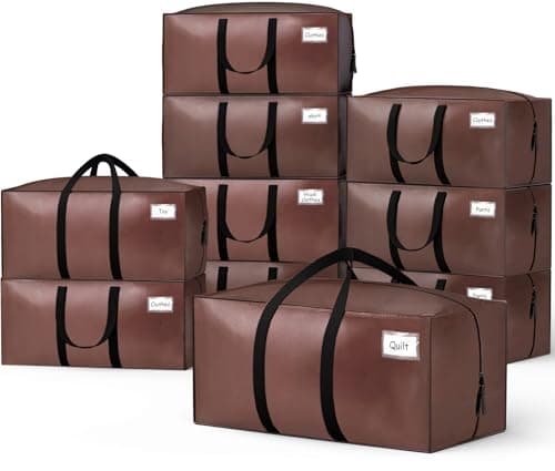 VOUNOT® 10 Pack Large Moving Bags – Foldable Storage Bags with Zips, Strong Handles, Backpack Straps and Tag Window for Clothes Storage Moving Travelling Camping, Brown