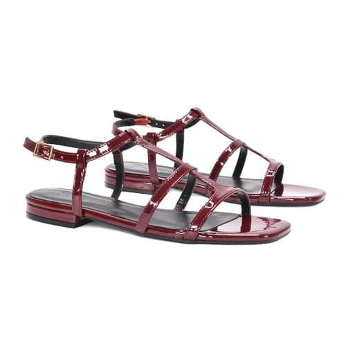 ESSEX GLAM Women's Flat Sandals Ladies Strappy Ankle Strap Buckle Caged Burgundy Patent Synthetic Leather Square Toe Shoes Size 7 — view 3