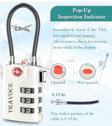 TRAVOCE TSA Approved Luggage Locks - Heavy Duty 4 Digit Combination Cable Lock with Search Alert for International Travel, Suitcases, Golf Bags, Backpacks, Camera Cases, Violin and Tents, White 2 Pack — view 4