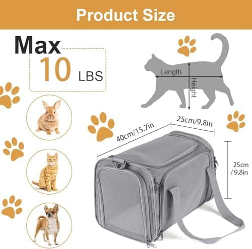 vsshe Soft Sided Cat/Pet/Dog Carrier Bag, Portable Foldable Pets Travel Carriers for Cats Dogs Pets with Shoulder Strap Removable Mat, Comfort Cat Basket, up to 10lbs, Airline Approved Grey — view 2