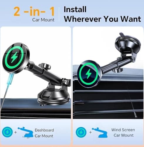Wireless Car Mount Charger [15W Fast Charging] [Strongest Magnets] [360°Rotatable & Strong Suction Power] Magnetic Holder For Dashboard & Windshield Compatible with 17/16/15 pro max plus mini & More — view 5