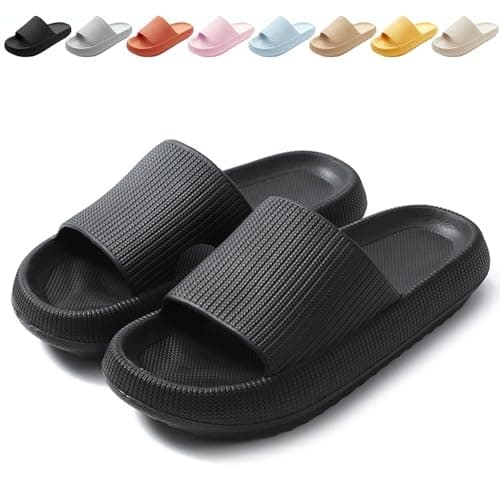 BHFRGAS Sliders Cloud Slippers Women Men,Non-Slip Mens Womens Slippers Cloud Sliders,Soft Flip Flops with Thick Sole for Shower Bathroom Pool Beach,Black, 3.5-4 UK